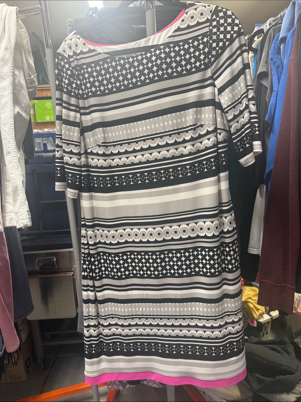 Eliza J Black & White Striped Midi Dress with Pink Trim